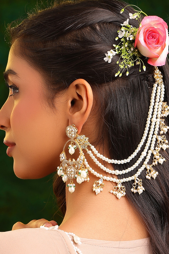 Gold Finish Kundan Polki & Pearl Drop Earchains (Set Of 2) by Ruby Raang at Pernia's Pop Up Shop
