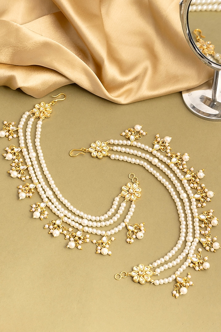 Gold Finish Kundan Polki & Pearl Drop Earchains (Set Of 2) by Ruby Raang at Pernia's Pop Up Shop