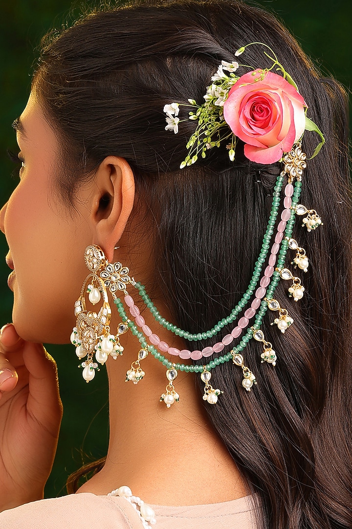 Gold Finish Kundan Polki & Pastel Beaded Earchains (Set Of 2) by Ruby Raang at Pernia's Pop Up Shop