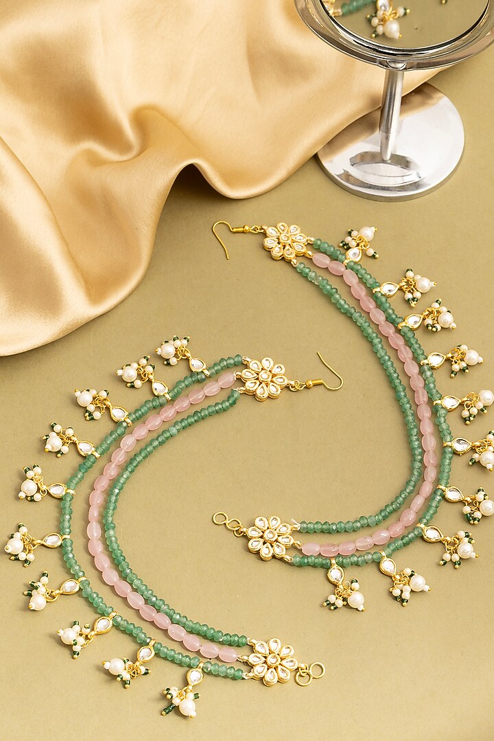 Gold Finish Kundan Polki & Pastel Beaded Earchains (Set Of 2) by Ruby Raang at Pernia's Pop Up Shop
