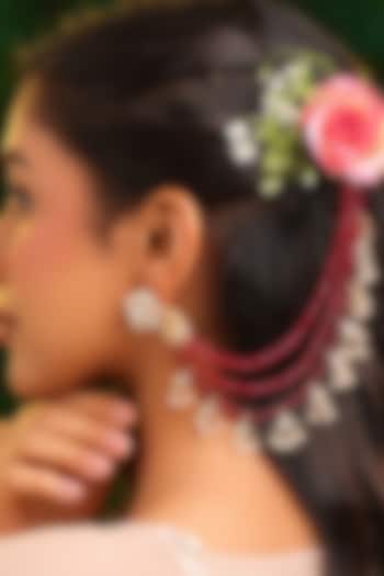 Gold Finish Kundan Polki & Deep Red Beaded Earchains (Set Of 2) by Ruby Raang at Pernia's Pop Up Shop