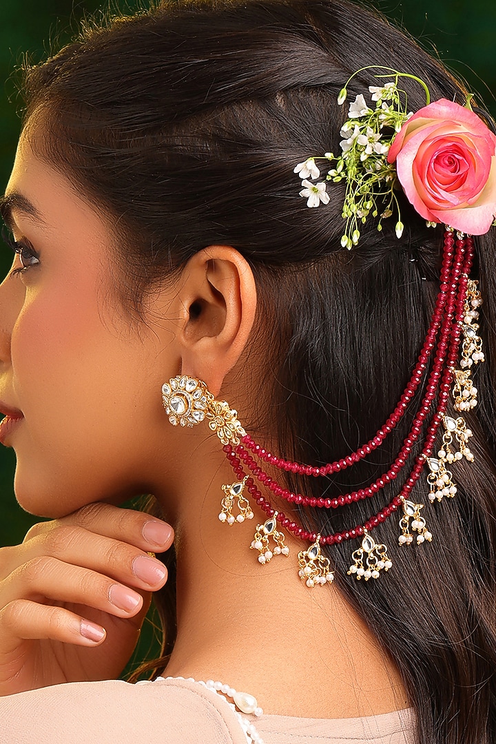 Gold Finish Kundan Polki & Deep Red Beaded Earchains (Set Of 2) by Ruby Raang at Pernia's Pop Up Shop