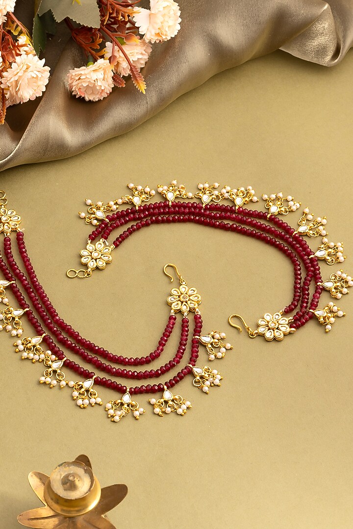 Gold Finish Kundan Polki & Deep Red Beaded Earchains (Set Of 2) by Ruby Raang at Pernia's Pop Up Shop