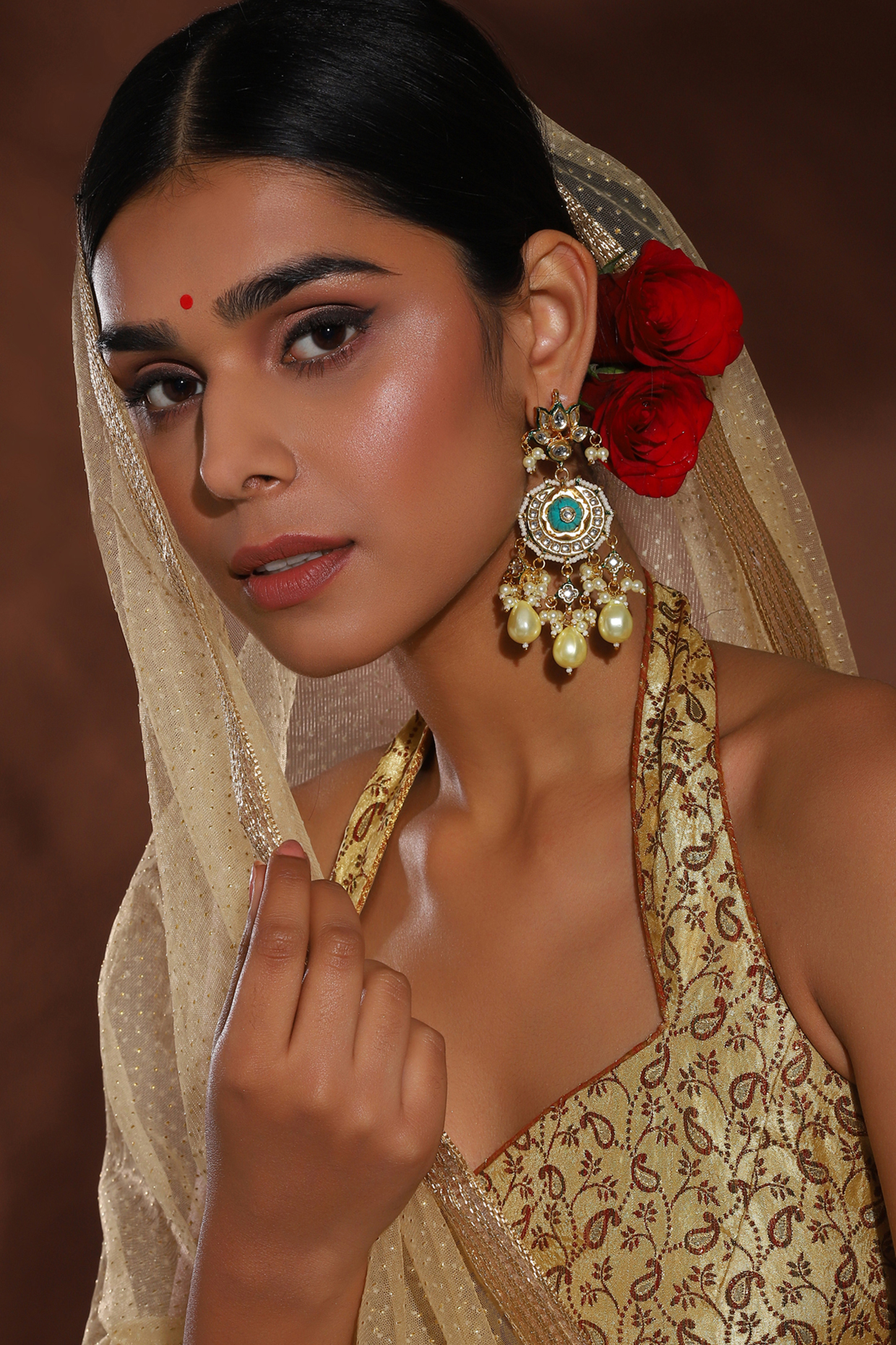Gold Finish Kundan Polki Chandbaali Earrings by Ruby Raang at Pernia's Pop Up Shop