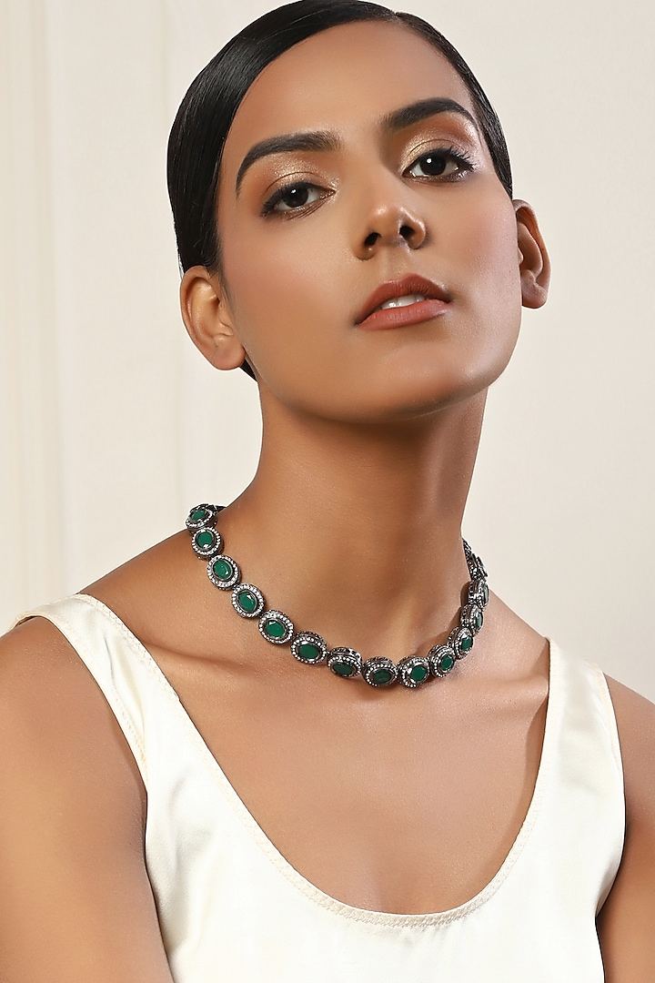 Black Rhodium Finish Green Synthetic Stone Necklace by Ruby Raang