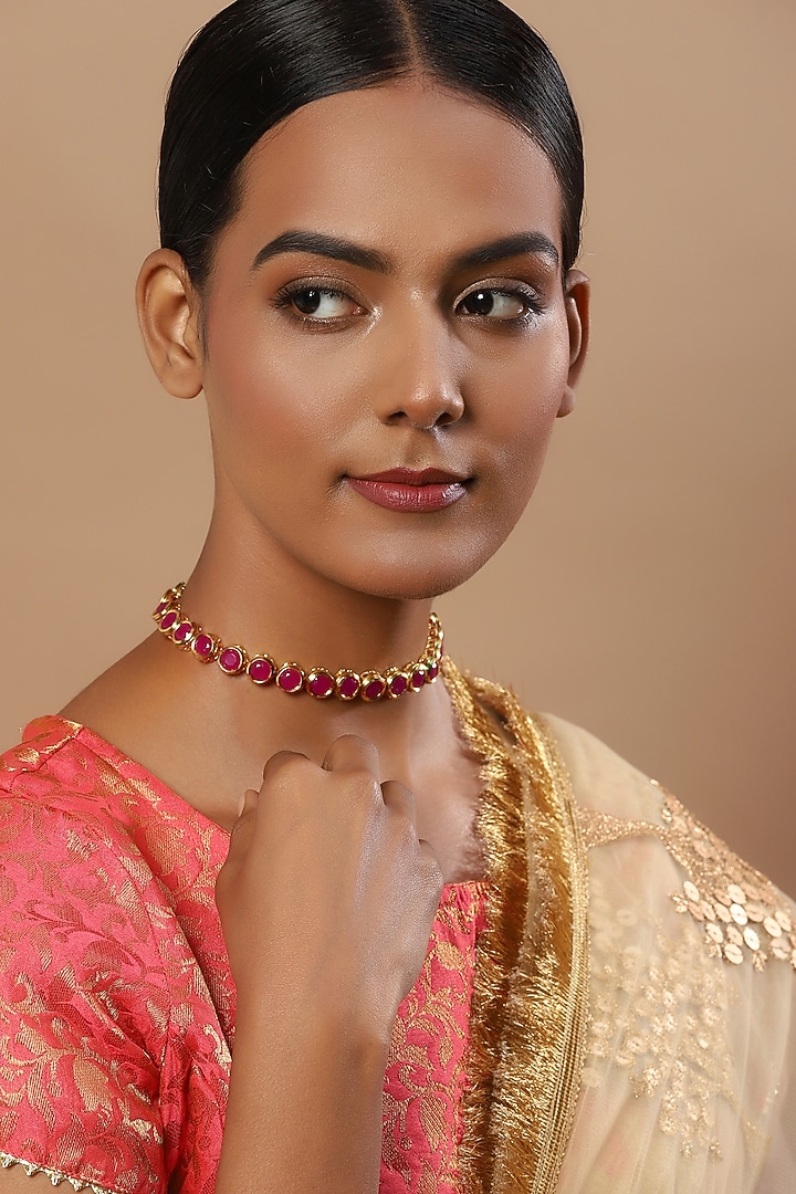 Gold Finish Kundan Polki Necklace by Ruby Raang at Pernia's Pop Up Shop
