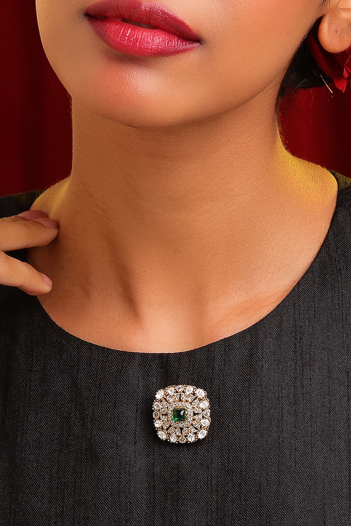 Gold Finish Emerald Stone & Diamond Brooch by Ruby Raang at Pernia's Pop Up Shop