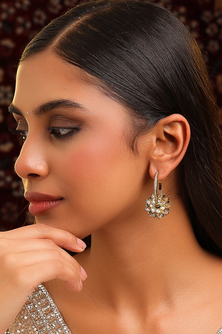 Gold Finish Kundan Polki Floral Hoop Earrings by Ruby Raang at Pernia's Pop Up Shop