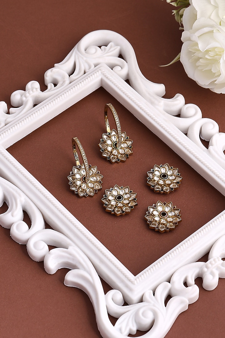 Gold Finish Kundan Polki Floral Hoop Earrings by Ruby Raang at Pernia's Pop Up Shop