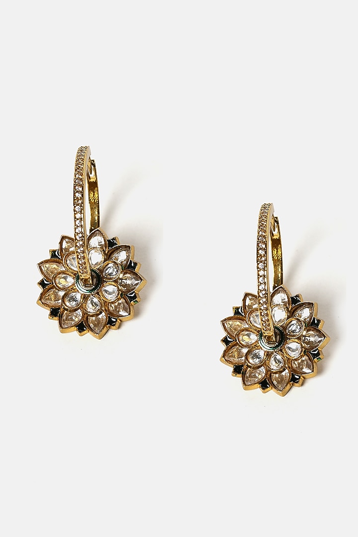 Gold Finish Kundan Polki Floral Hoop Earrings by Ruby Raang at Pernia's Pop Up Shop