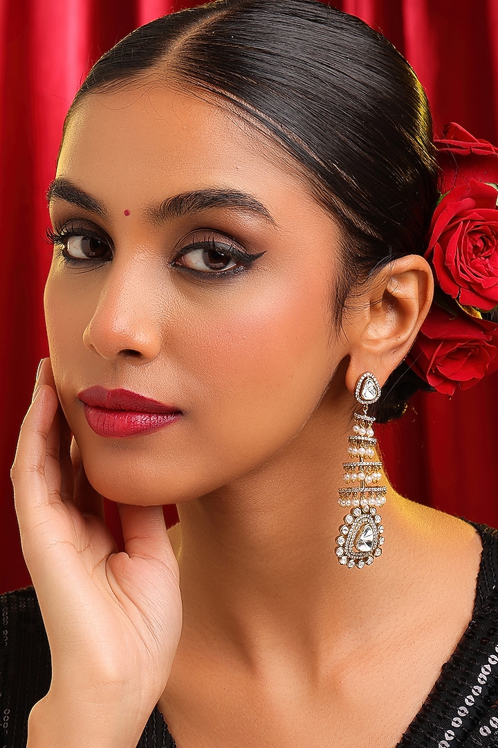Gold Finish Kundan Polki & Pearl Dangler Earrings by Ruby Raang at Pernia's Pop Up Shop