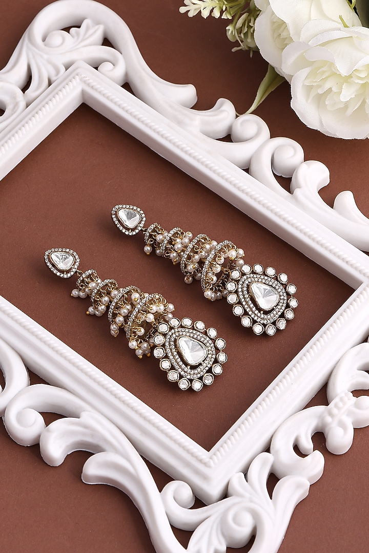 Gold Finish Kundan Polki & Pearl Dangler Earrings by Ruby Raang at Pernia's Pop Up Shop
