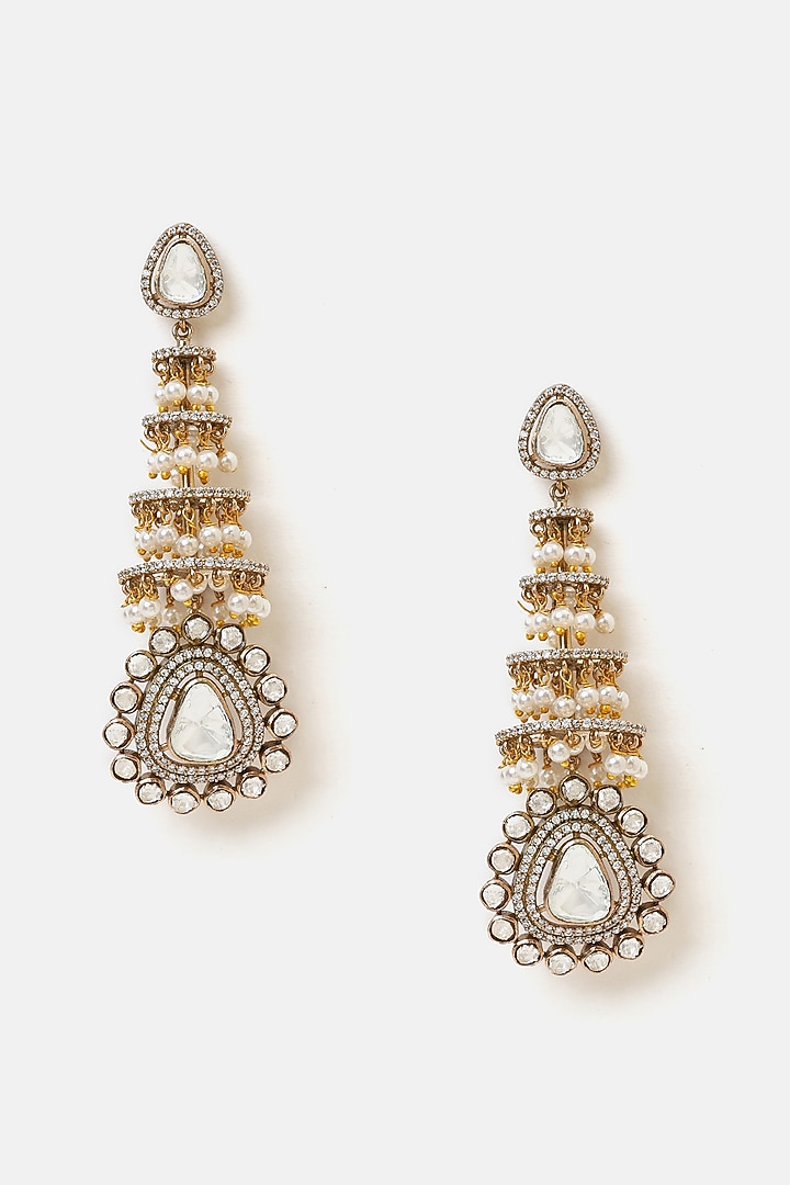 Gold Finish Kundan Polki & Pearl Dangler Earrings by Ruby Raang at Pernia's Pop Up Shop