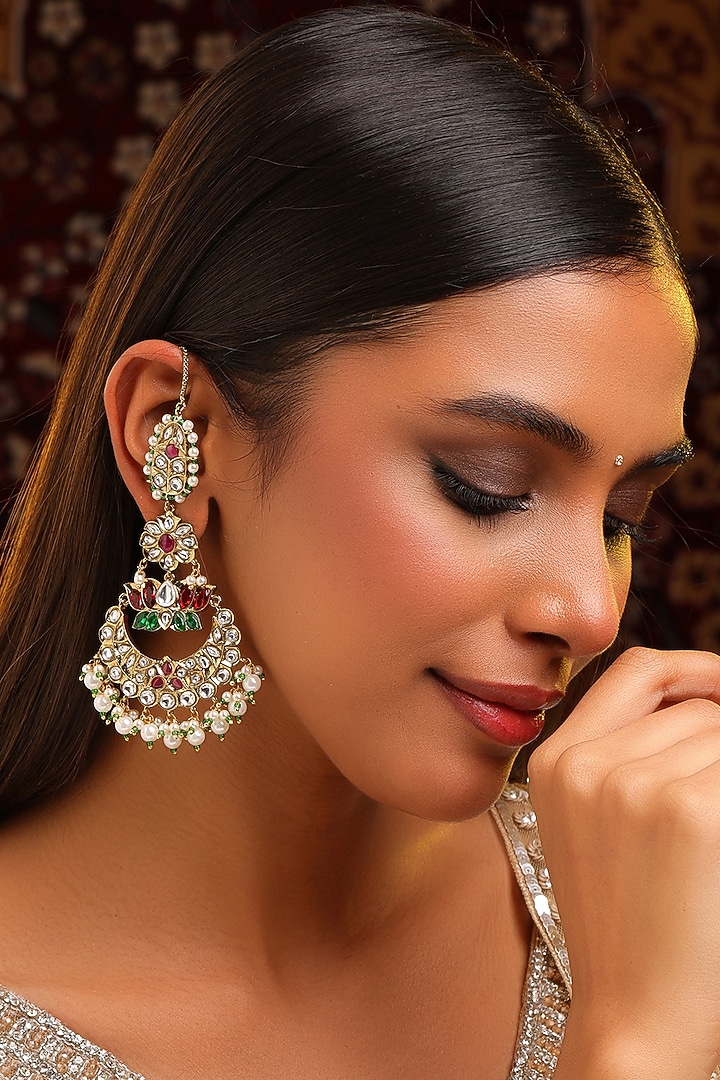Gold Finish Kundan Polki & Stone Dangler Earrings by Ruby Raang at Pernia's Pop Up Shop