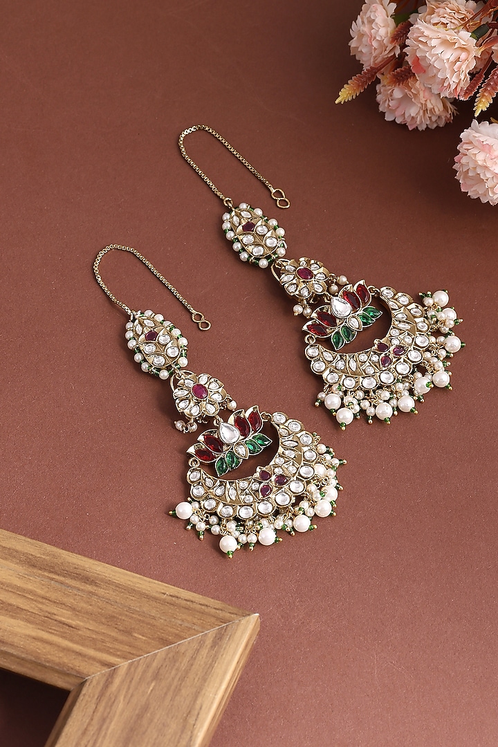 Gold Finish Kundan Polki & Stone Dangler Earrings by Ruby Raang at Pernia's Pop Up Shop