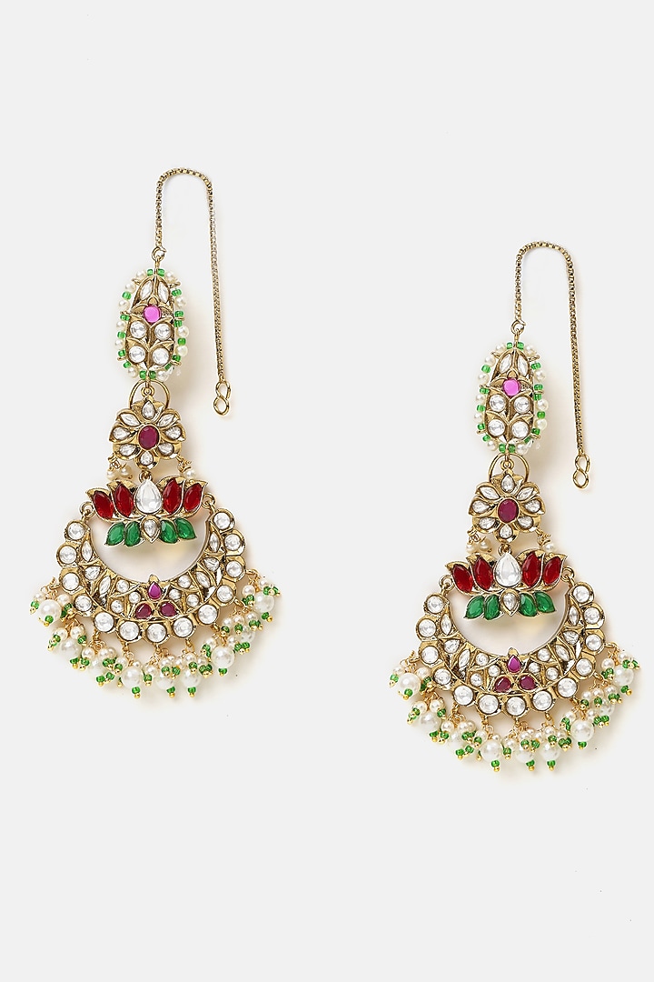 Gold Finish Kundan Polki & Stone Dangler Earrings by Ruby Raang at Pernia's Pop Up Shop