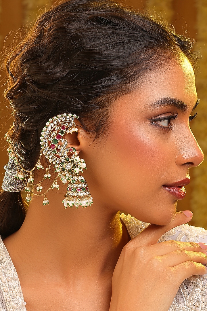 Gold Finish Kundan Polki & Pearl Dangler Earrings by Ruby Raang at Pernia's Pop Up Shop