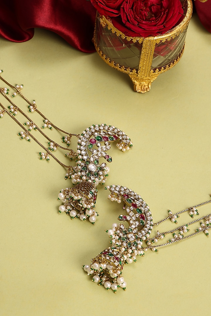 Gold Finish Kundan Polki & Pearl Dangler Earrings by Ruby Raang at Pernia's Pop Up Shop