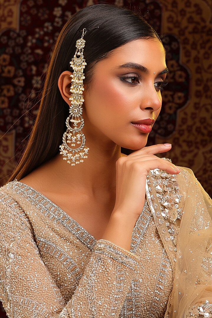 Gold Finish Kundan Polki & Pearl Dangler Earrings by Ruby Raang at Pernia's Pop Up Shop