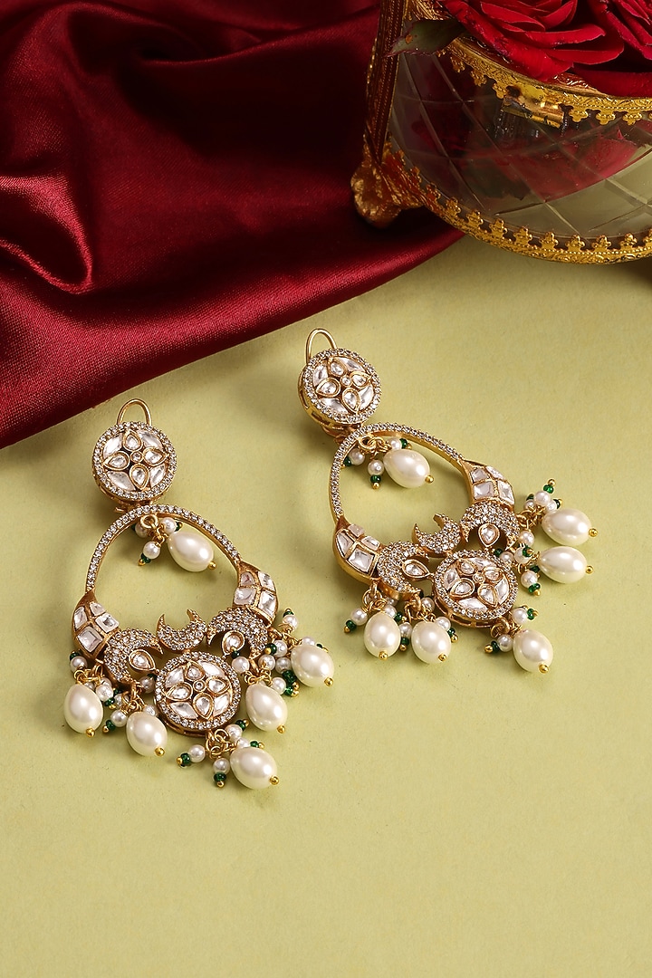 Gold Finish Kundan Polki & Pearl Chandbali Earrings by Ruby Raang at Pernia's Pop Up Shop