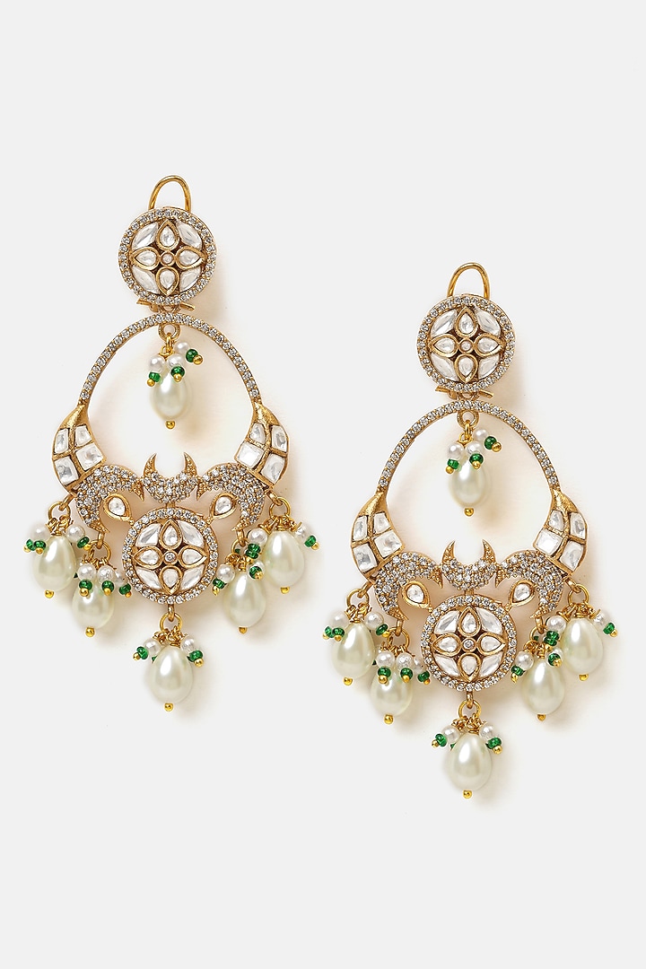 Gold Finish Kundan Polki & Pearl Chandbali Earrings by Ruby Raang at Pernia's Pop Up Shop