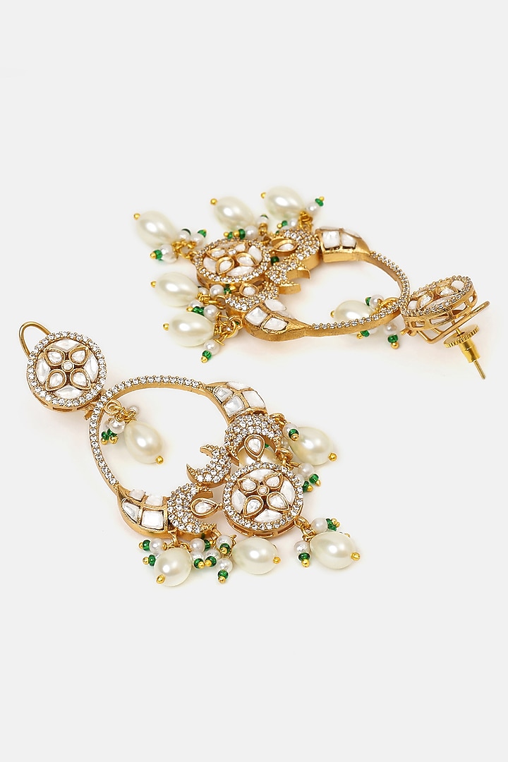 Gold Finish Kundan Polki & Pearl Chandbali Earrings by Ruby Raang at Pernia's Pop Up Shop