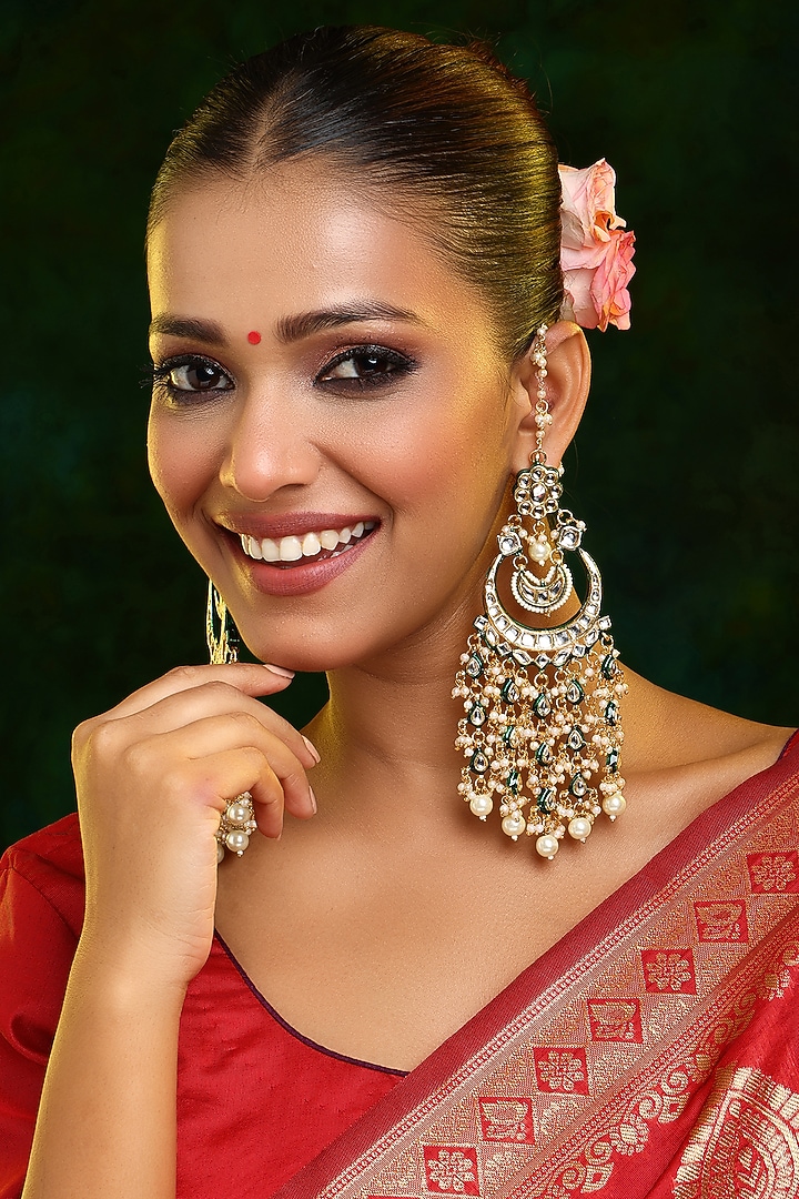 Gold Finish Kundan Polki & Pearl Chandbali Earrings by Ruby Raang at Pernia's Pop Up Shop