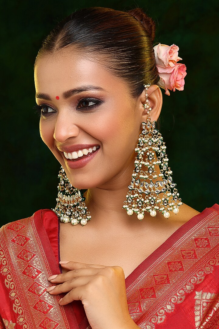 Gold Finish Kundan Polki & Pearl Jhumka Earrings by Ruby Raang at Pernia's Pop Up Shop