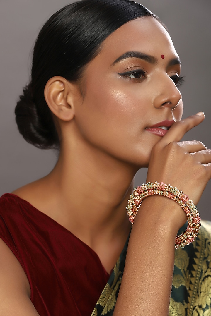 Gold Finish Multi-Colored Pearl Meenakari Beaded Bangle by Ruby Raang