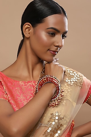 Gold Finish Pearl & Red Synthetic Stone Meenakari Bangle by Ruby Raang