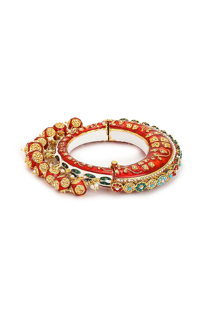 Gold Finish Pearl & Red Synthetic Stone Meenakari Bangle by Ruby Raang at Pernia's Pop Up Shop