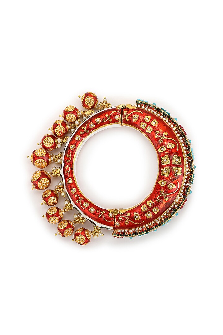 Gold Finish Pearl & Red Synthetic Stone Meenakari Bangle by Ruby Raang at Pernia's Pop Up Shop