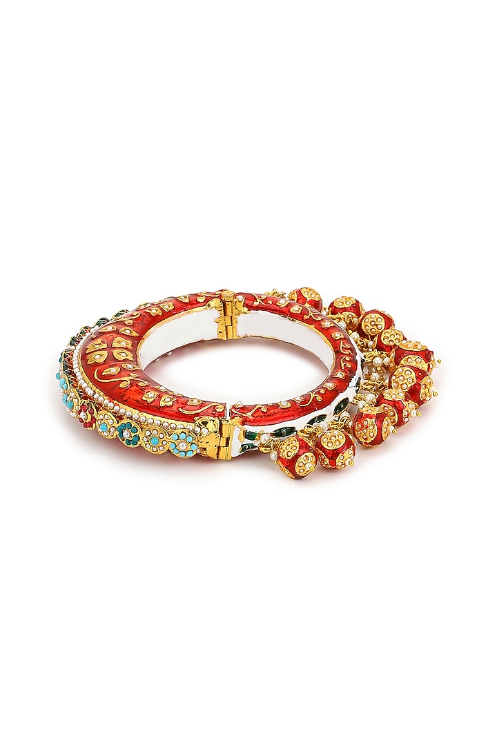 Gold Finish Pearl & Red Synthetic Stone Meenakari Bangle by Ruby Raang at Pernia's Pop Up Shop