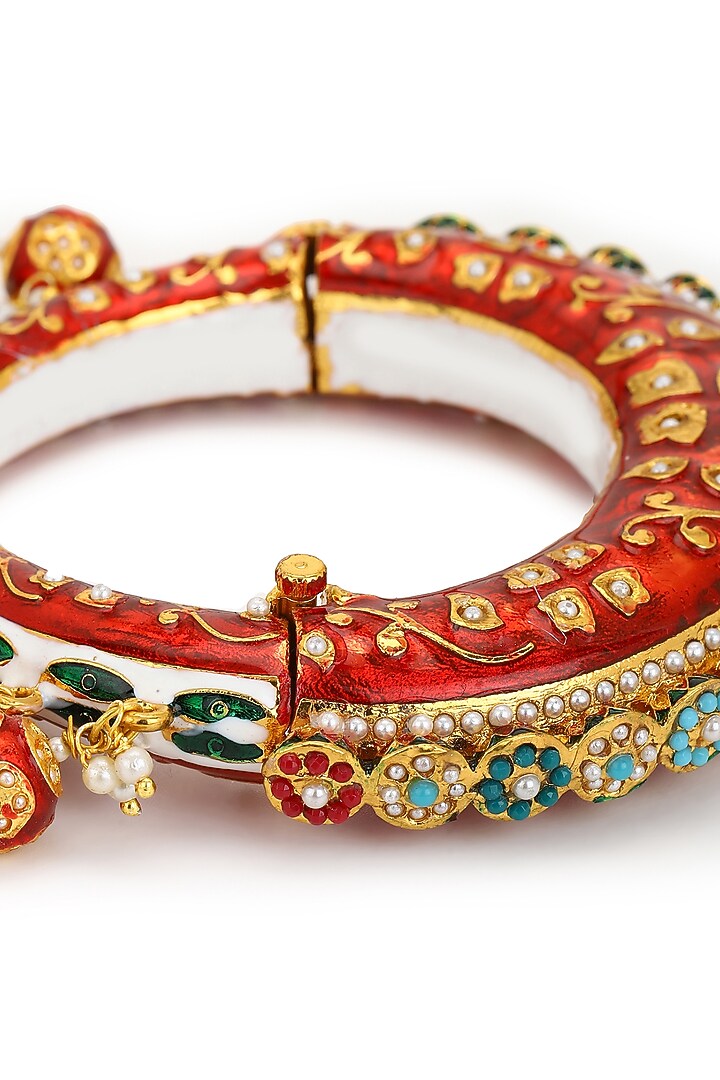 Gold Finish Pearl & Red Synthetic Stone Meenakari Bangle by Ruby Raang at Pernia's Pop Up Shop