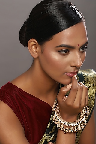 Gold Finish Pearl & Blue Synthetic Stone Meenakari Bangle by Ruby Raang