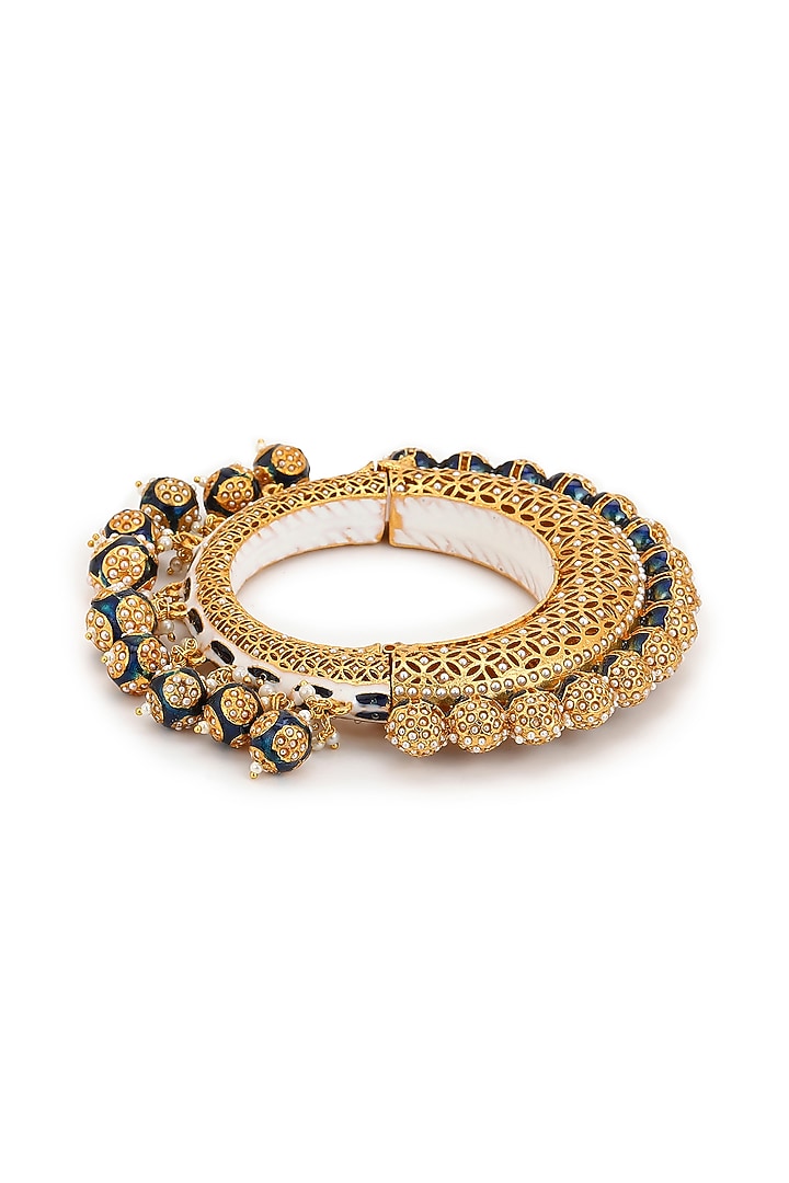 Gold Finish Pearl & Blue Synthetic Stone Meenakari Bangle by Ruby Raang at Pernia's Pop Up Shop