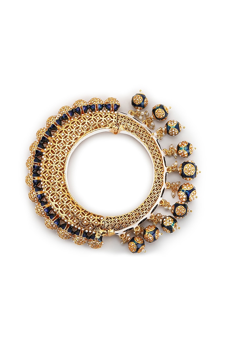 Gold Finish Pearl & Blue Synthetic Stone Meenakari Bangle by Ruby Raang at Pernia's Pop Up Shop