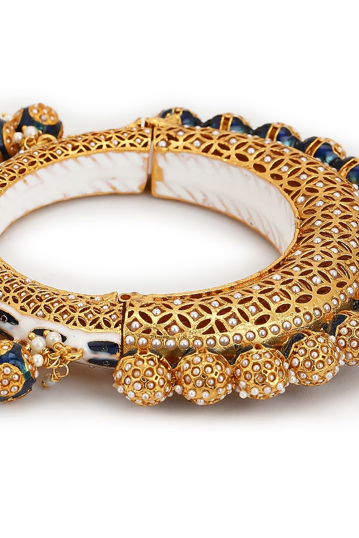 Gold Finish Pearl & Blue Synthetic Stone Meenakari Bangle by Ruby Raang at Pernia's Pop Up Shop