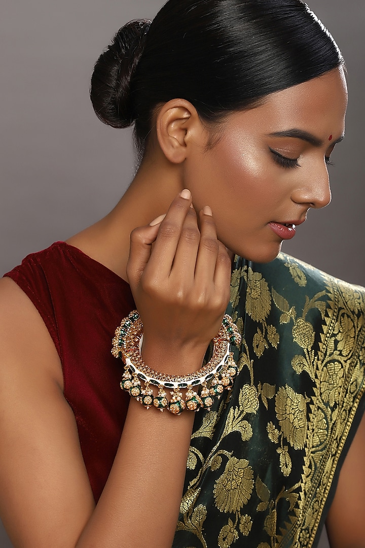 Gold Finish Pearl & Green Synthetic Stone Meenakari Bangle by Ruby Raang