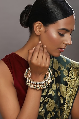 Gold Finish Pearl & Green Synthetic Stone Meenakari Bangle by Ruby Raang