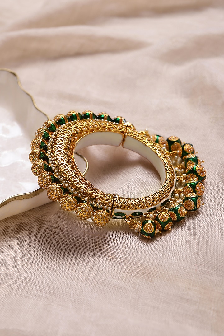 Gold Finish Pearl & Green Synthetic Stone Meenakari Bangle by Ruby Raang at Pernia's Pop Up Shop