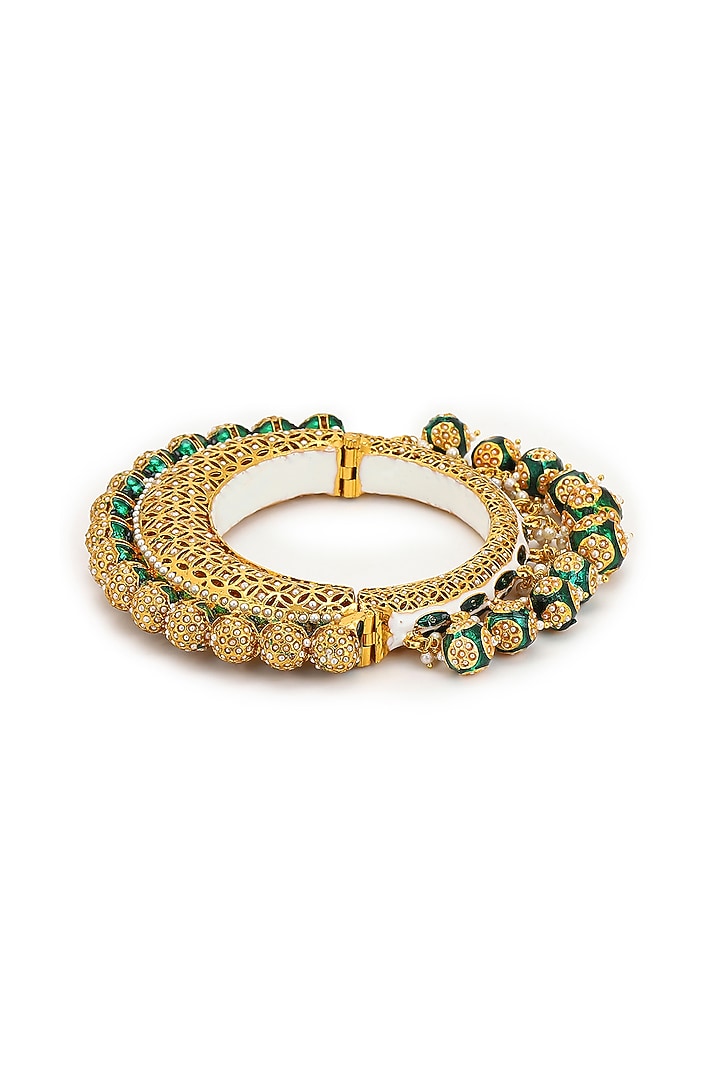 Gold Finish Pearl & Green Synthetic Stone Meenakari Bangle by Ruby Raang at Pernia's Pop Up Shop