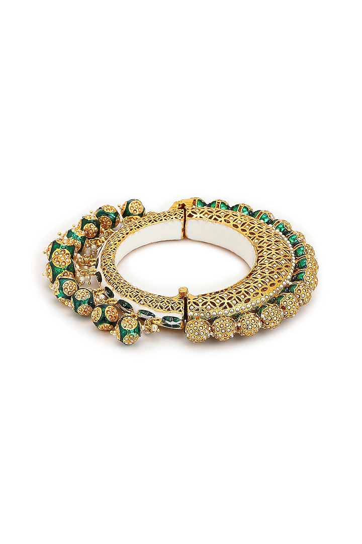 Gold Finish Pearl & Green Synthetic Stone Meenakari Bangle by Ruby Raang at Pernia's Pop Up Shop