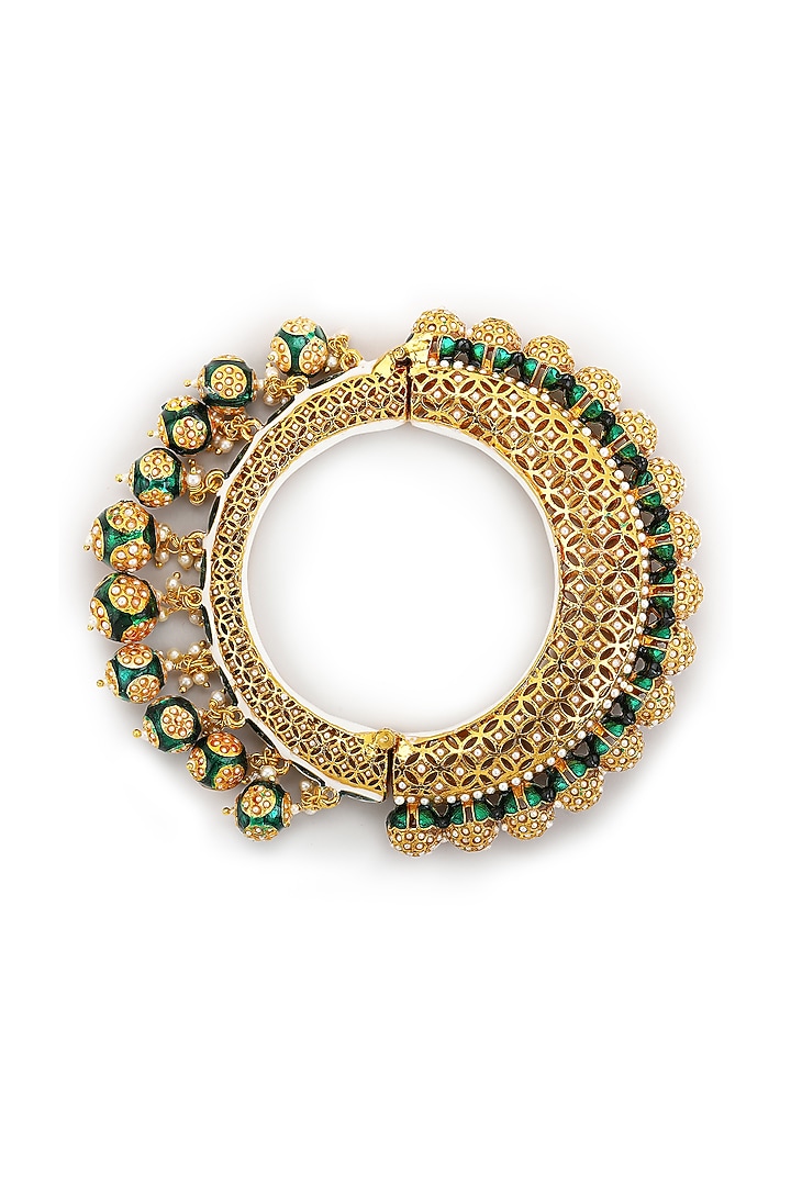 Gold Finish Pearl & Green Synthetic Stone Meenakari Bangle by Ruby Raang at Pernia's Pop Up Shop