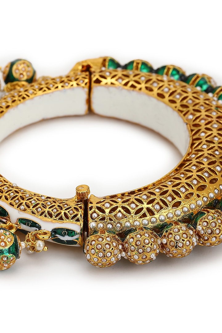Gold Finish Pearl & Green Synthetic Stone Meenakari Bangle by Ruby Raang at Pernia's Pop Up Shop