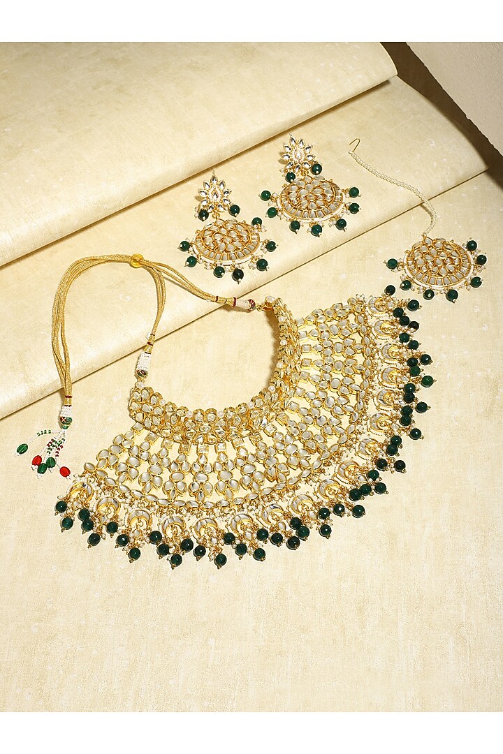 Gold Finish Kundan Polki & Pearl Necklace Set by Ruby Raang at Pernia's Pop Up Shop