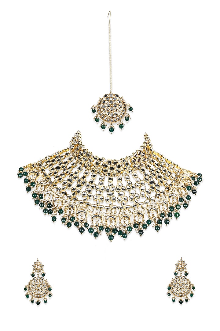 Gold Finish Kundan Polki & Pearl Necklace Set by Ruby Raang at Pernia's Pop Up Shop