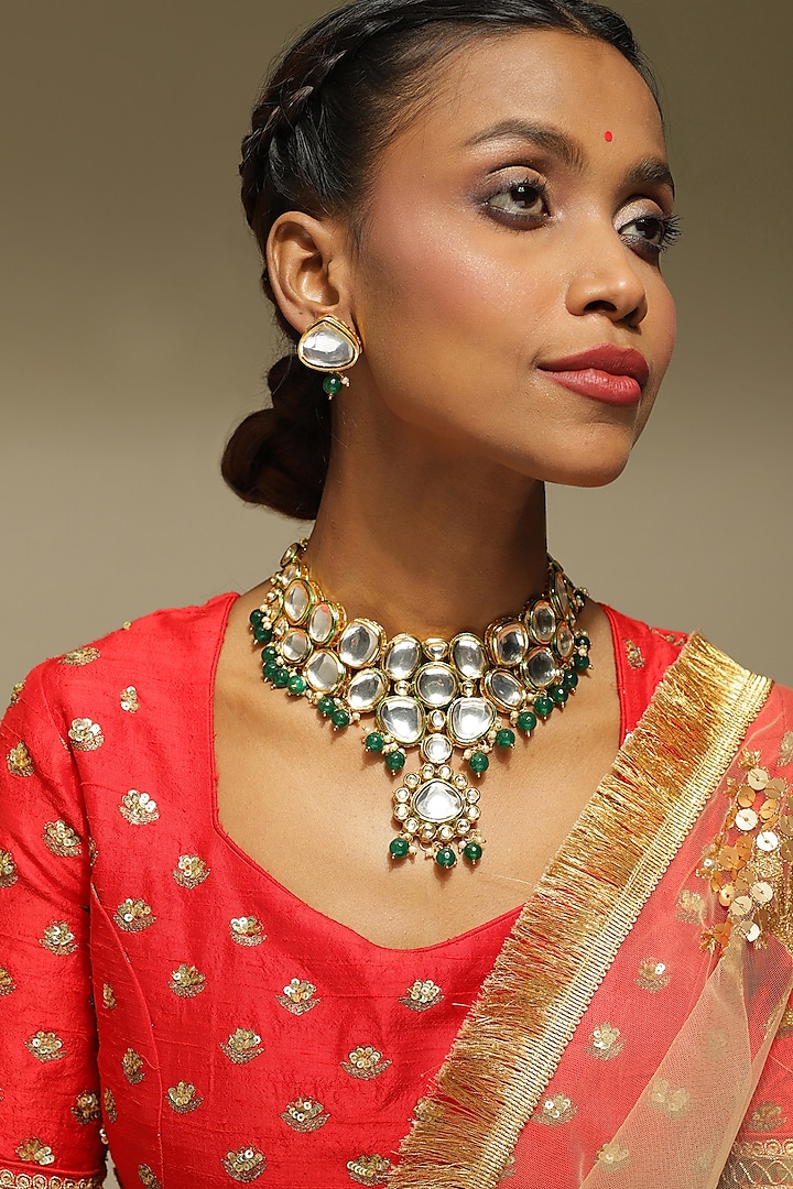 Gold Finish Green & White Kundan Polki Choker Necklace Set by Ruby Raang