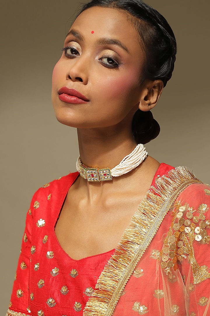 Gold Finish Pearl & Kundan Polki Handcrafted Necklace by Ruby Raang