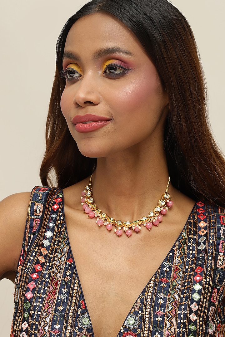 Gold Finish Pearl & Pink Kundan Polki Necklace by Ruby Raang